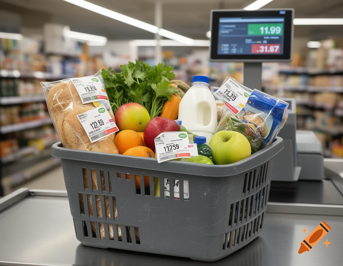 Photorealistic shopping basket filled with groceries, fruits, vegetables, and milk at a supermarket checkout.