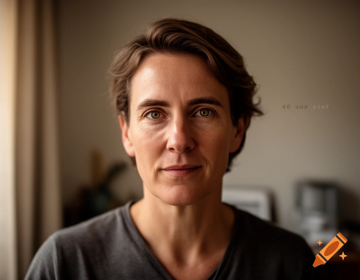 Photorealistic close-up portrait of a person with short brown hair and green eyes, looking directly at the camera.