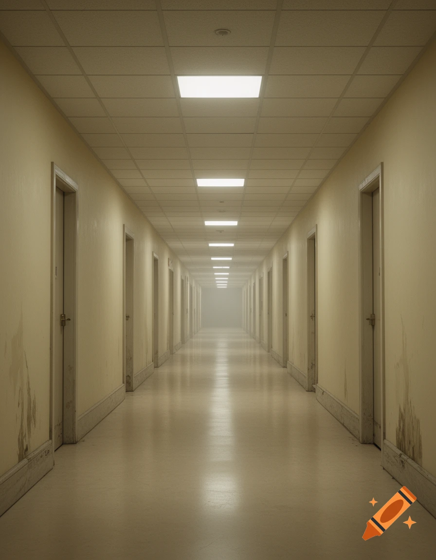 Photorealistic long empty corridor with beige walls, repeating closed doors, and overhead fluorescent lights.