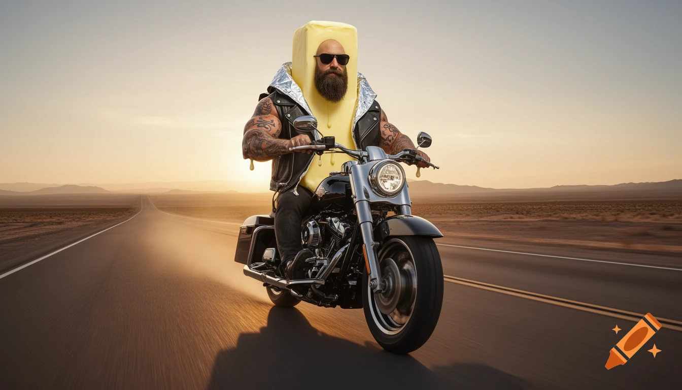 A hyper-realistic mashup of a tough biker with a stick of butter for a torso riding a Harley-Davidson on a desert highway at sunset.