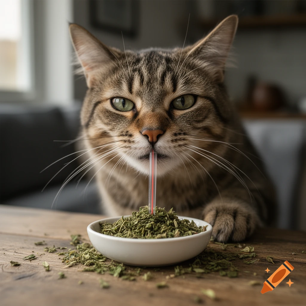 Photorealistic close-up of a tabby cat drinking catnip through a straw from a small white bowl on a wooden table.
