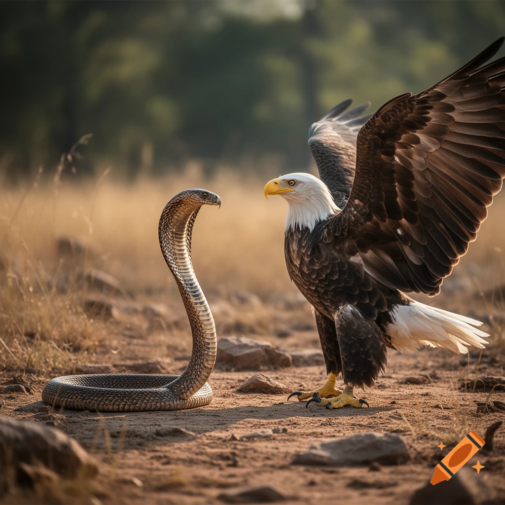 Photorealistic image of a cobra snake facing off against a bald eagle with wings spread in a dry, grassy field.