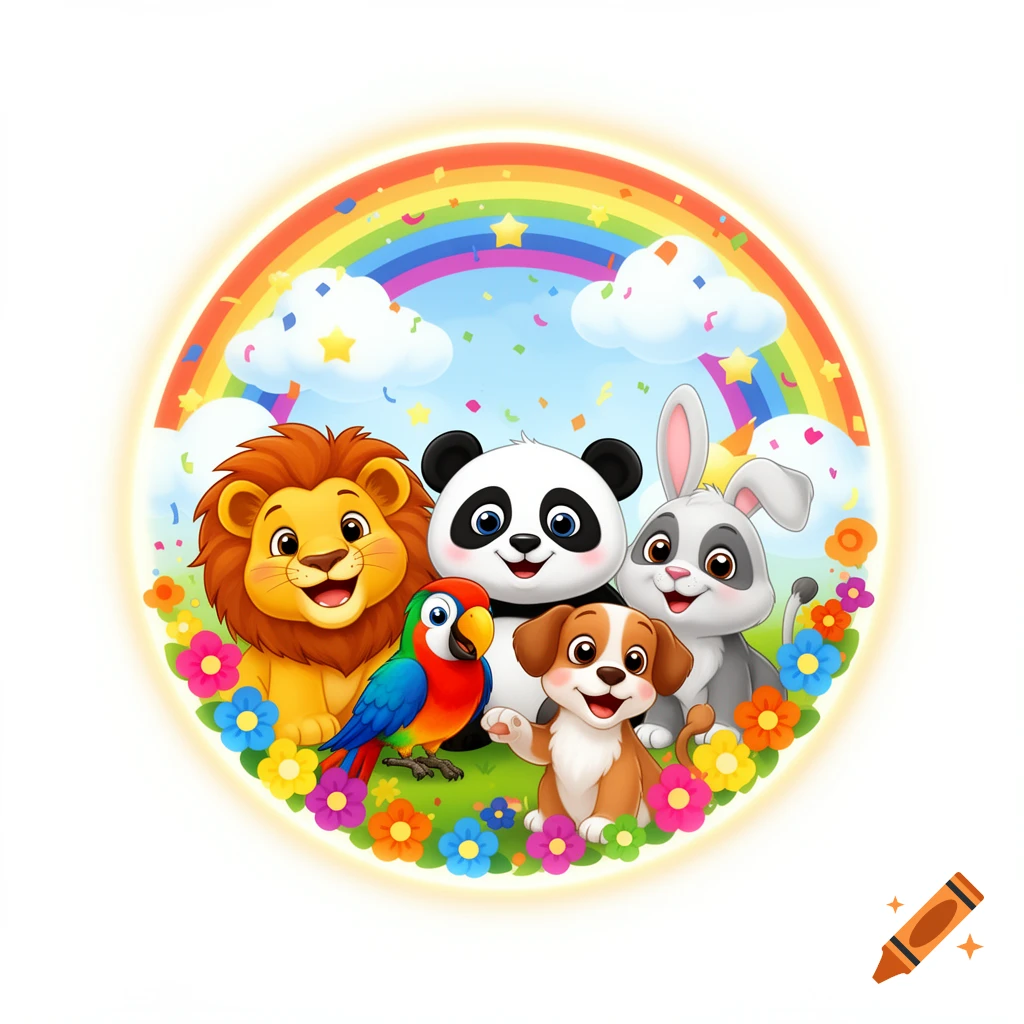 Cute cartoon animals including a lion, panda, rabbit, dog, and parrot surrounded by flowers and a rainbow.