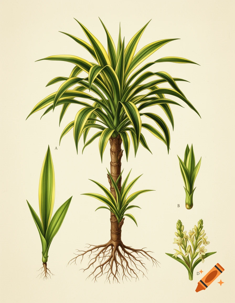 Vintage botanical illustration of a dracaena massangeana plant with roots, leaves, and flower details, labeled with letters.