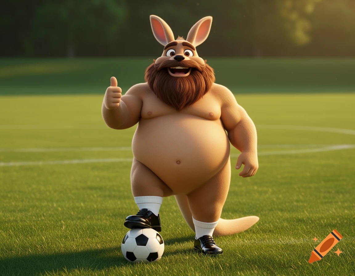 3D animated anthropomorphic kangaroo with a beard and socks standing on a soccer field with a ball, giving a thumbs up.