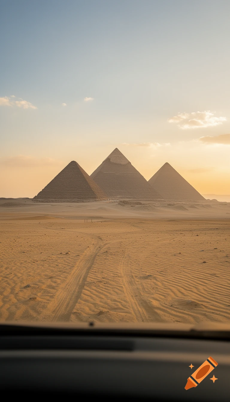 Photorealistic view of the Giza pyramids in the desert under a warm sunset, seen from a car.