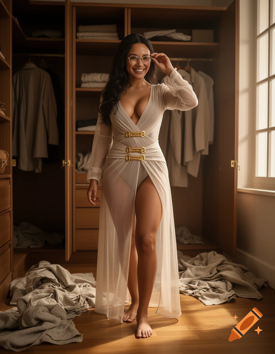 Photorealistic portrait of a woman wearing glasses and a sheer white outfit in a walk-in closet.
