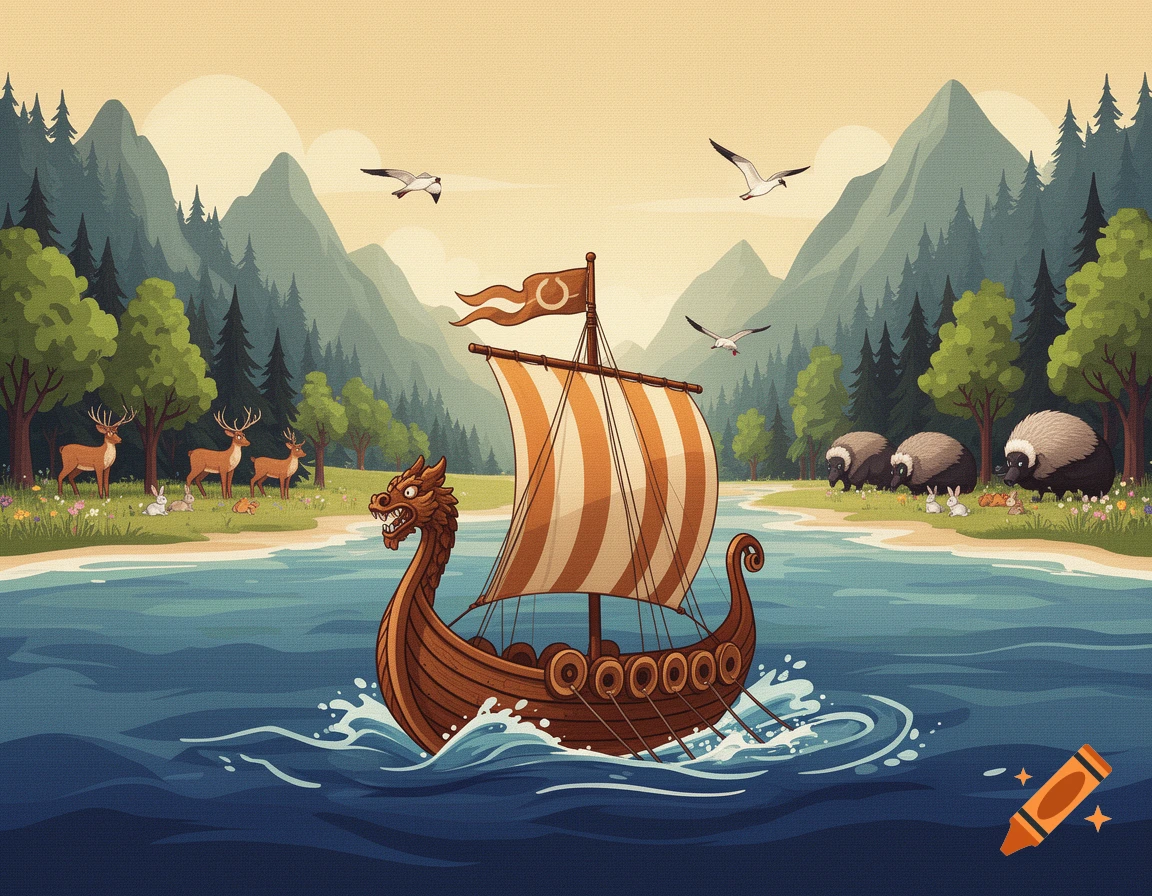 Stylized cartoon illustration of a viking longship sailing on a river with mountains, forests, deer, and sheep in the background.