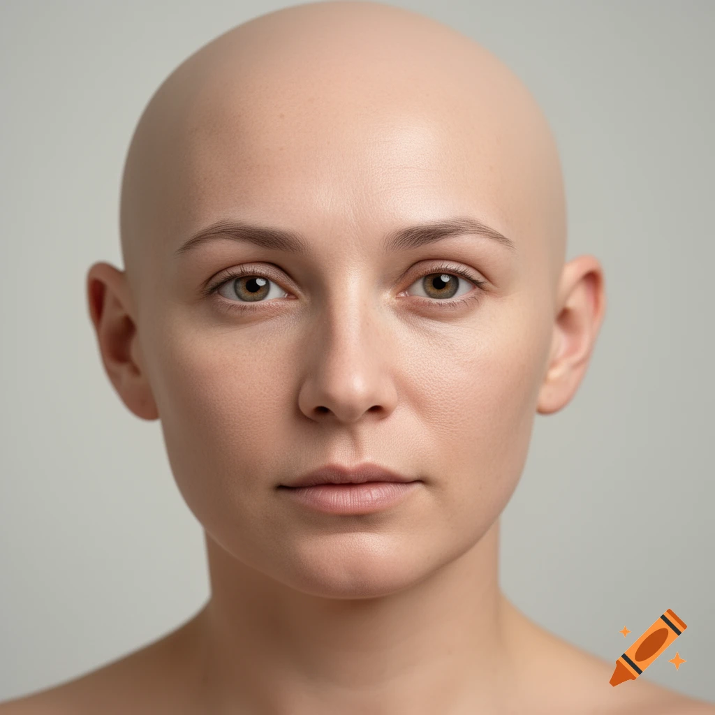 Photorealistic close-up portrait of a bald person with neutral expression against a plain gray background.