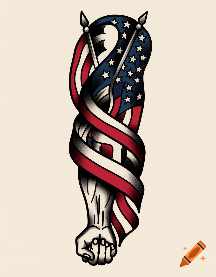 Traditional tattoo flash featuring an American flag wrapped around a clenched fist, American traditional style.