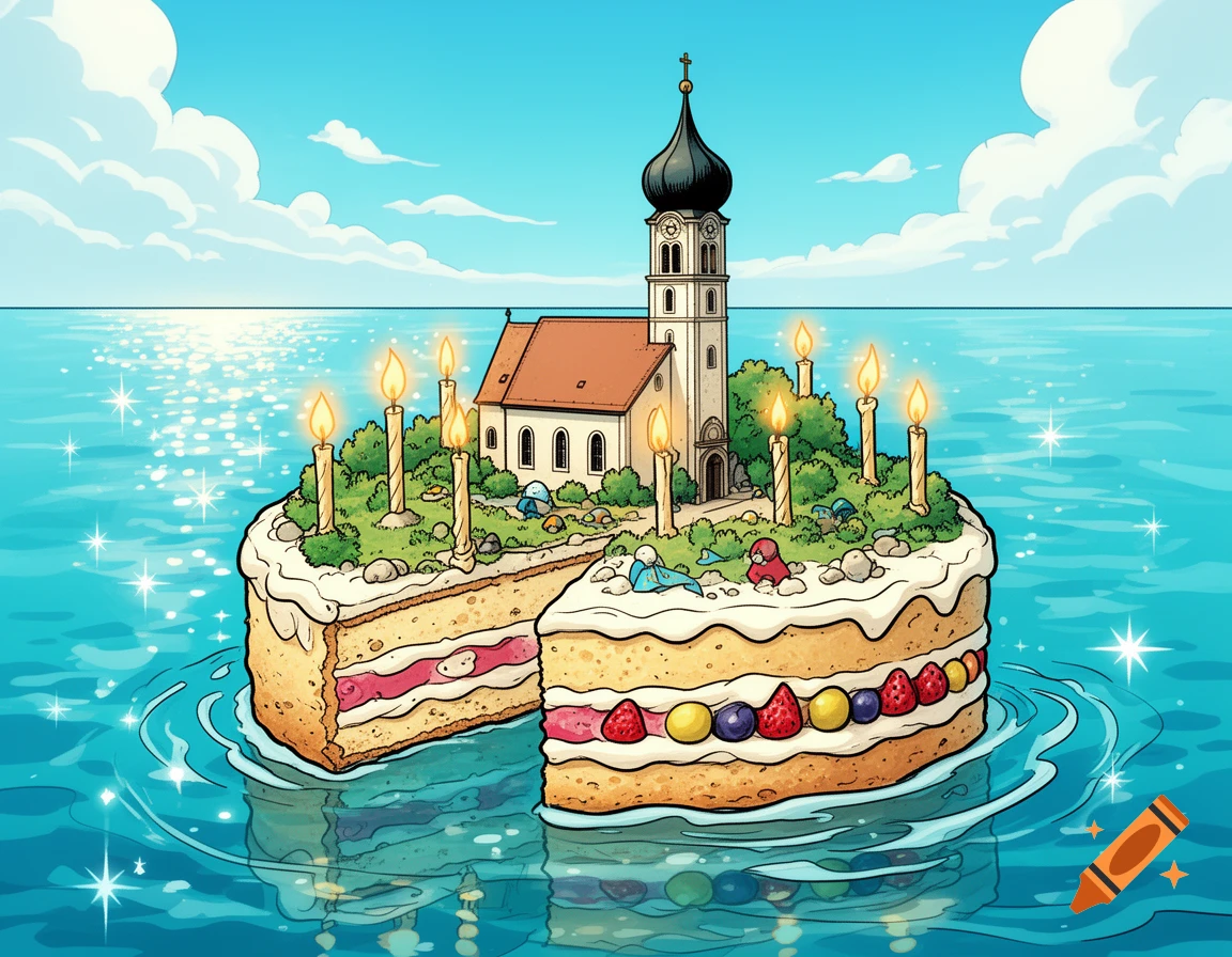 Comic style illustration of a large birthday cake shaped like an island with a church, floating in the sea with lit candles.