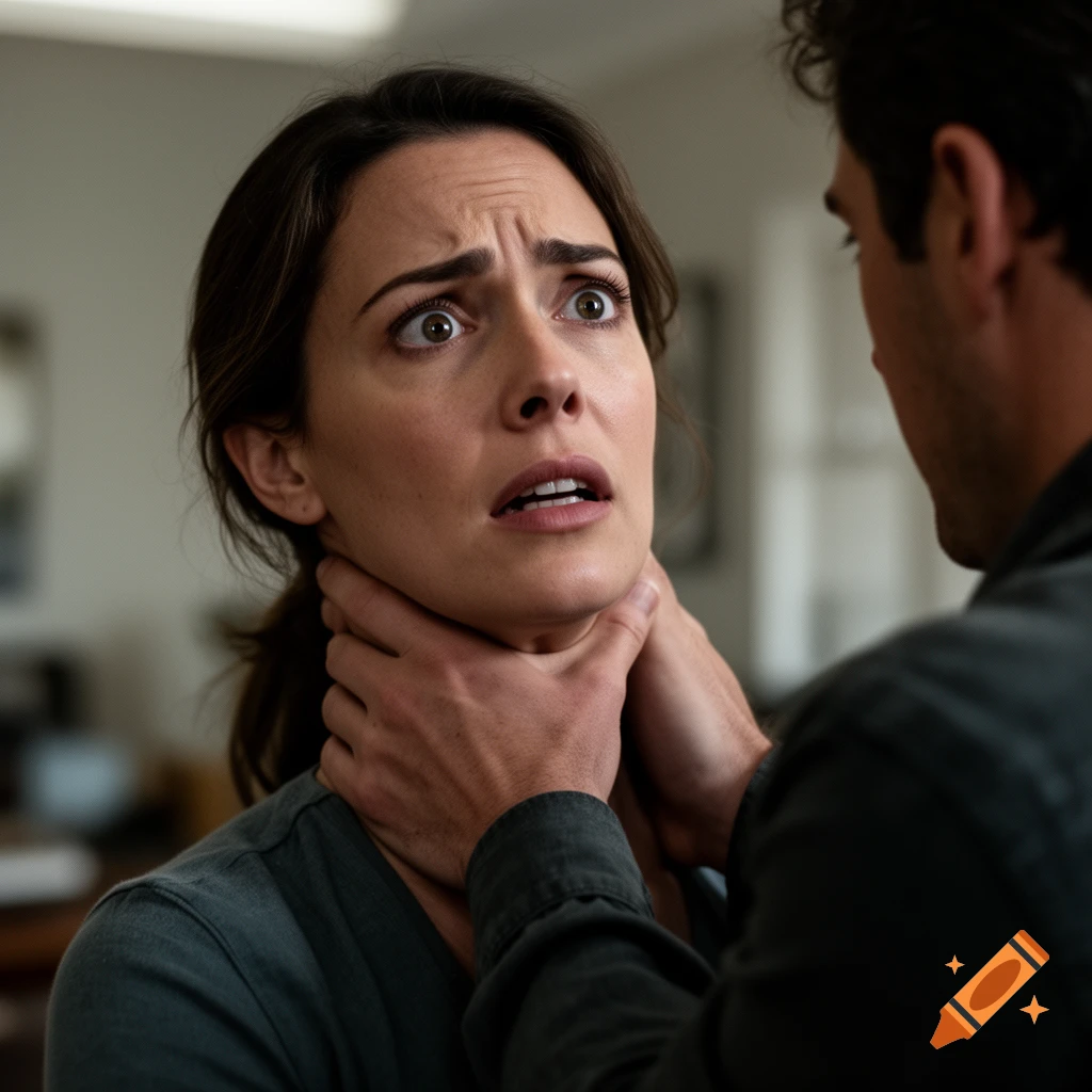 Close-up photorealistic image of a frightened woman being grabbed by the neck by a man.