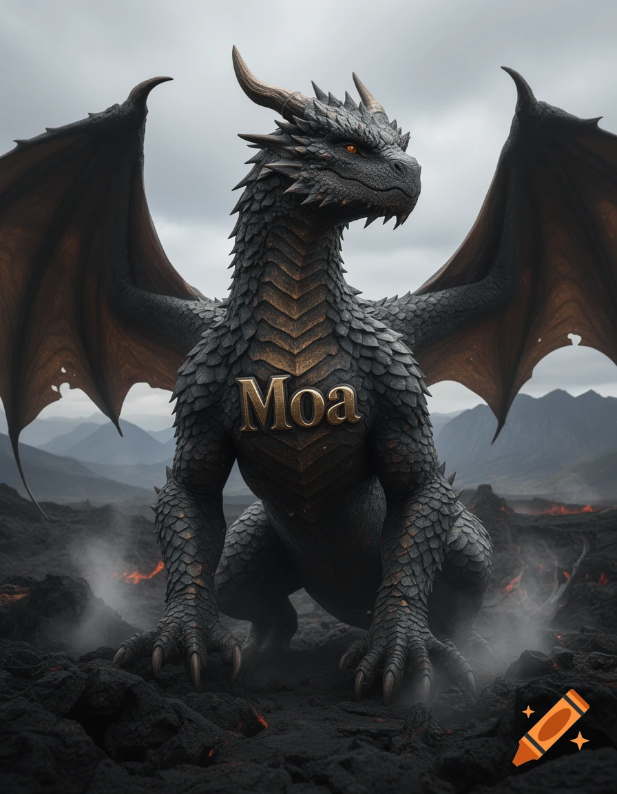 A detailed dark gray dragon with glowing orange eyes and the word Moa on its chest, crouching on a volcanic landscape under an overcast sky.