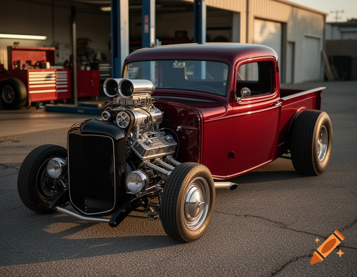 Photorealistic red hot rod pickup truck with a large chrome supercharger parked in a garage.