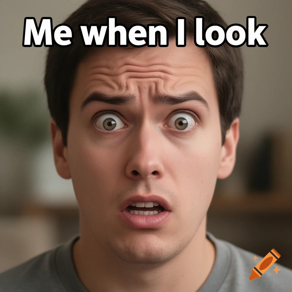 Close-up photorealistic portrait of a young man looking shocked with wide eyes and open mouth, with caption text above.