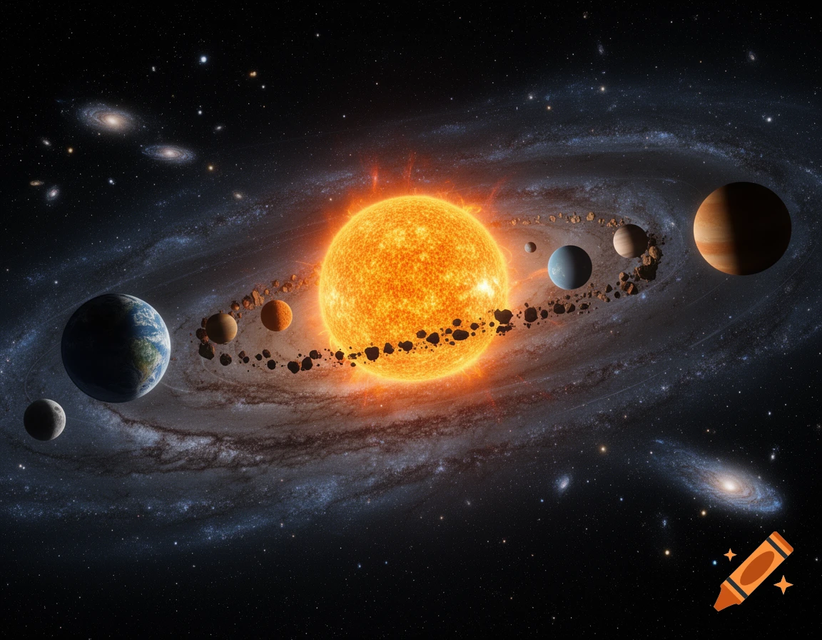 Photorealistic space scene depicting a glowing sun, orbiting planets with rings, and distant galaxies.