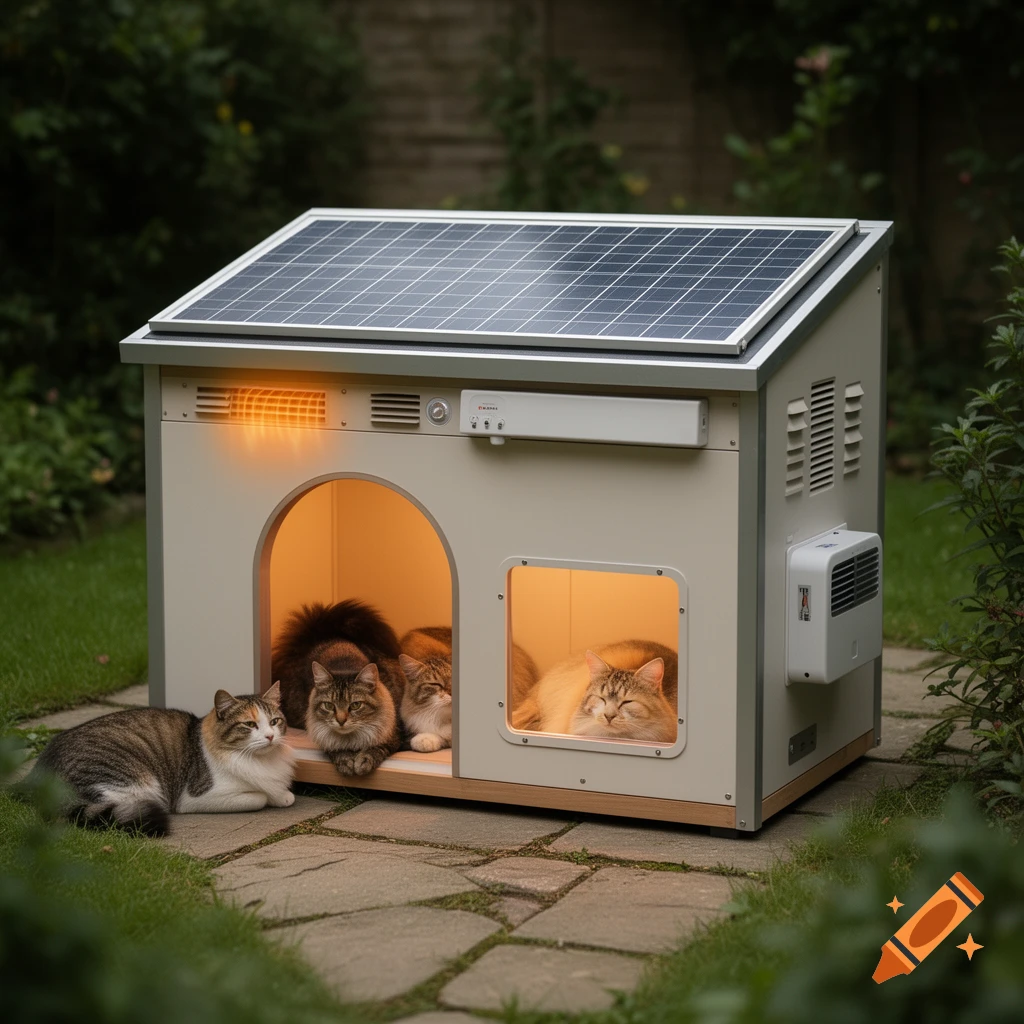 Photorealistic cat house with solar panels in a garden, with multiple cats resting inside and outside.