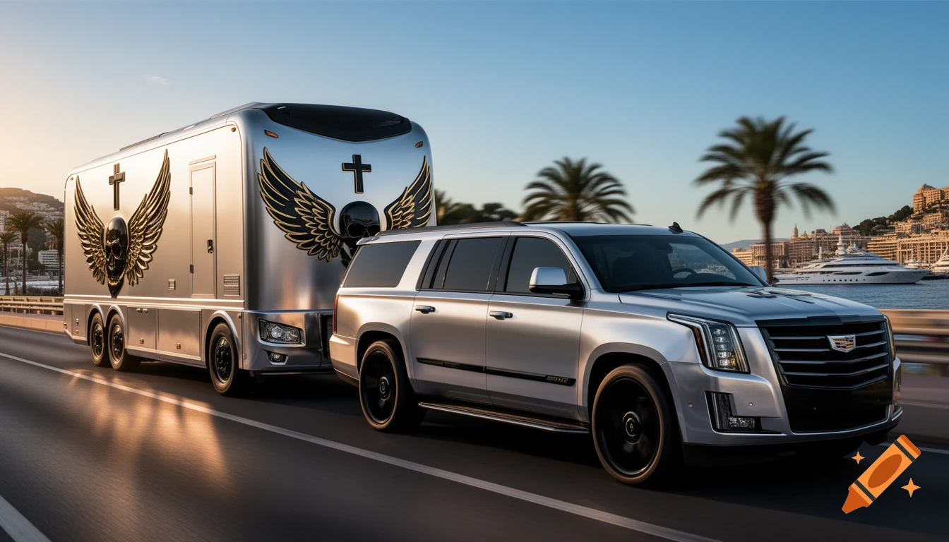 Cinematic photograph of a silver luxury motorhome with a winged skull emblem towing a Cadillac Escalade on a coastal road at sunset.