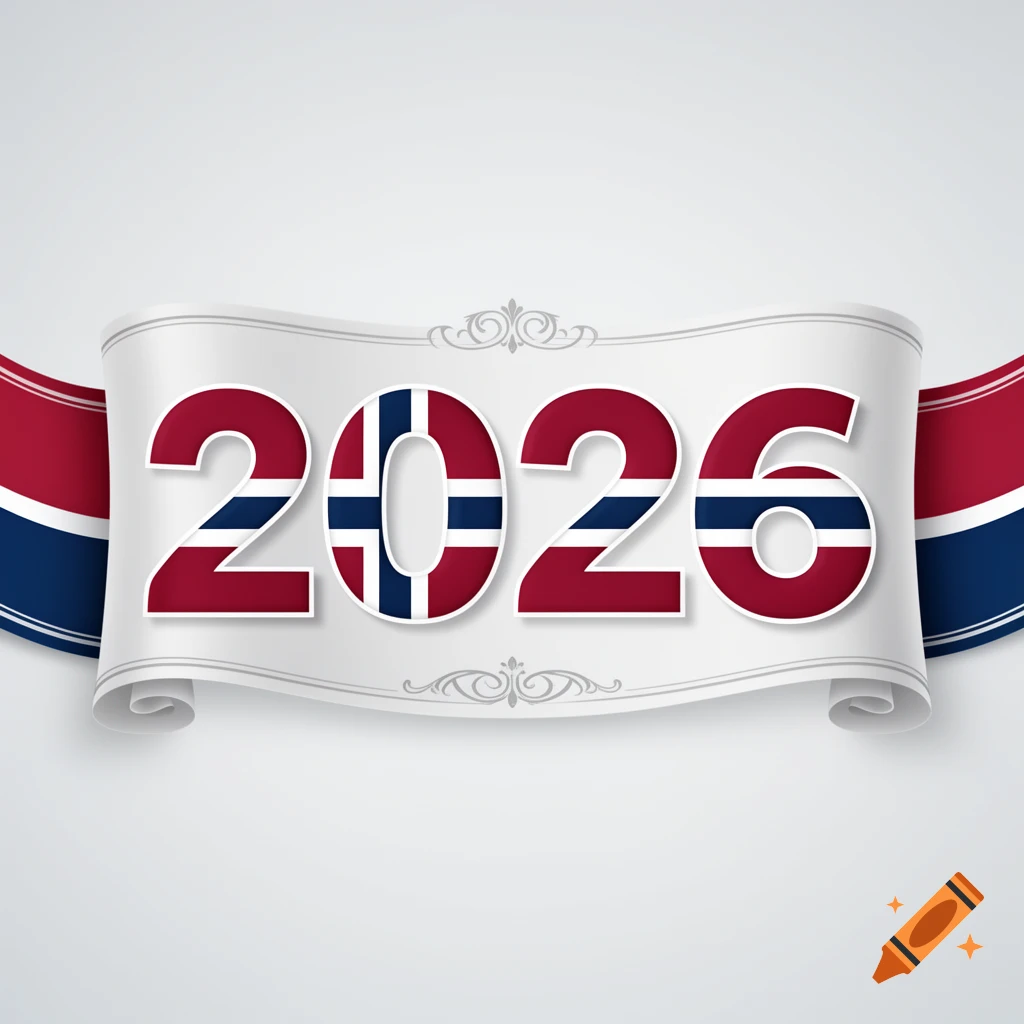 The number 2026 filled with the Norwegian flag pattern, centered on a white decorative banner against a light grey background.