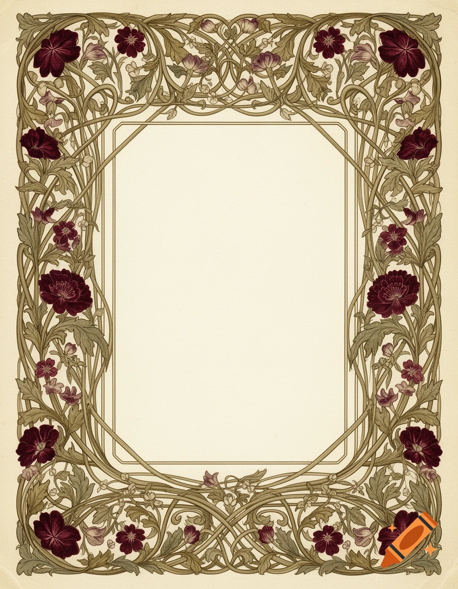 Intricate Art Nouveau botanical illustration frame featuring intertwined vines, dark maroon flowers, and muted green foliage on cream parchment.