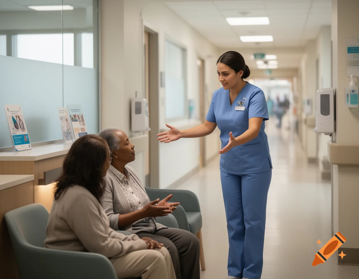 Photorealistic scene of a female nurse in blue scrubs talking to two elderly family members in a hospital hallway.