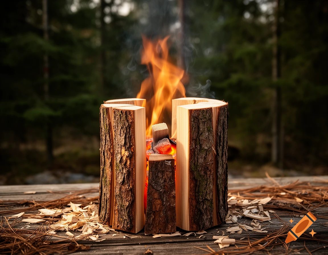 Photorealistic Swedish fire torch burning with bright orange flames and smoke, set in a pine forest.