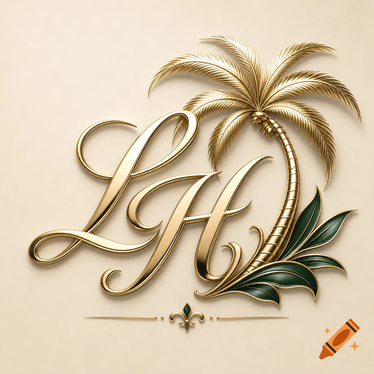 An elegant gold script monogram of the letters L and H intertwined with a gold palm tree and dark green leaves on a cream background.