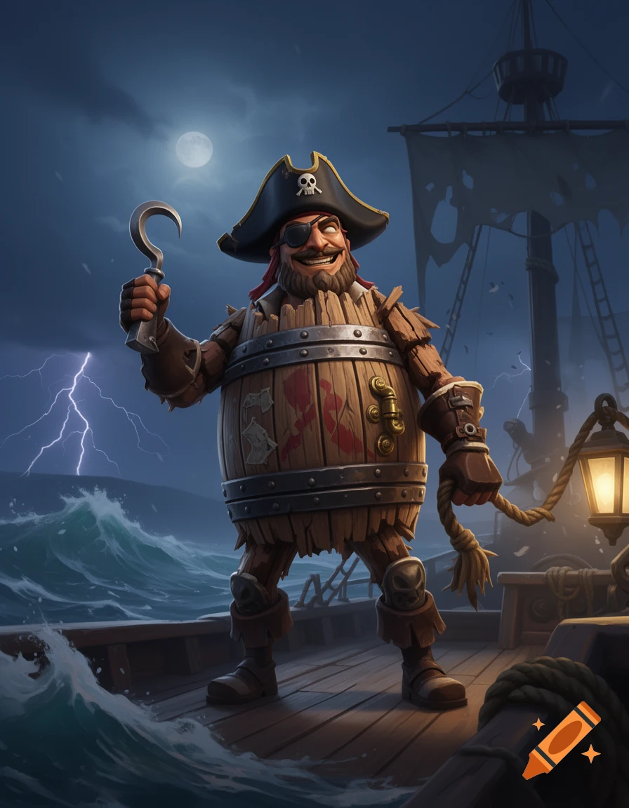 3D digital illustration of a male anthropomorphic barrel pirate with a hook, eyepatch, and tricorn hat standing on a ship deck at night during a storm.
