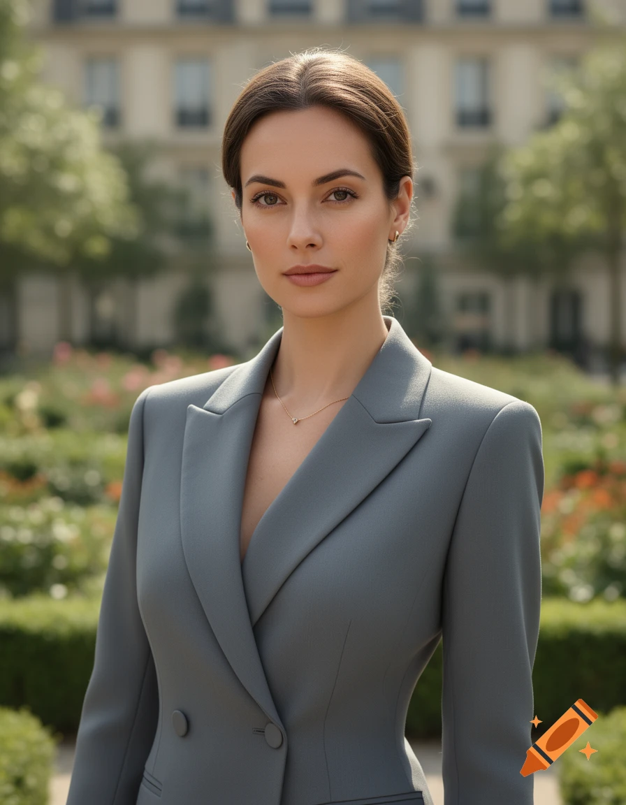 Photorealistic portrait of a beautiful woman in a grey business suit outdoors with a blurred building in the background.