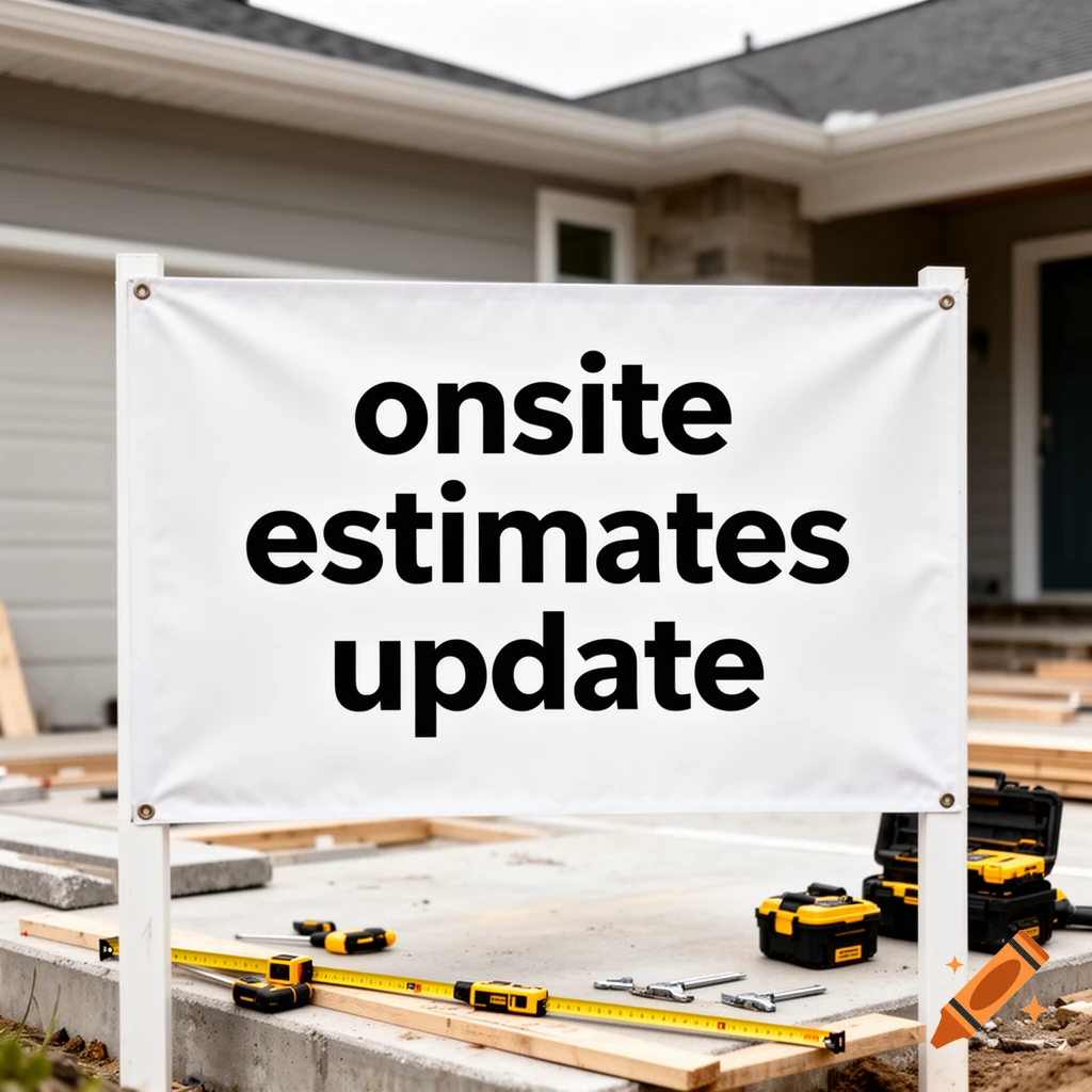 A white sign with black text reading 'onsite estimates update' positioned in front of a house under construction with tools on the ground.