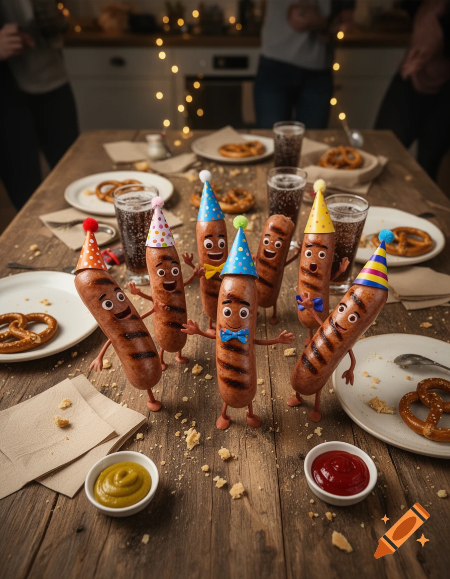 Anthropomorphic sausages wearing party hats and bow ties celebrating at a wooden table with pretzels and drinks.