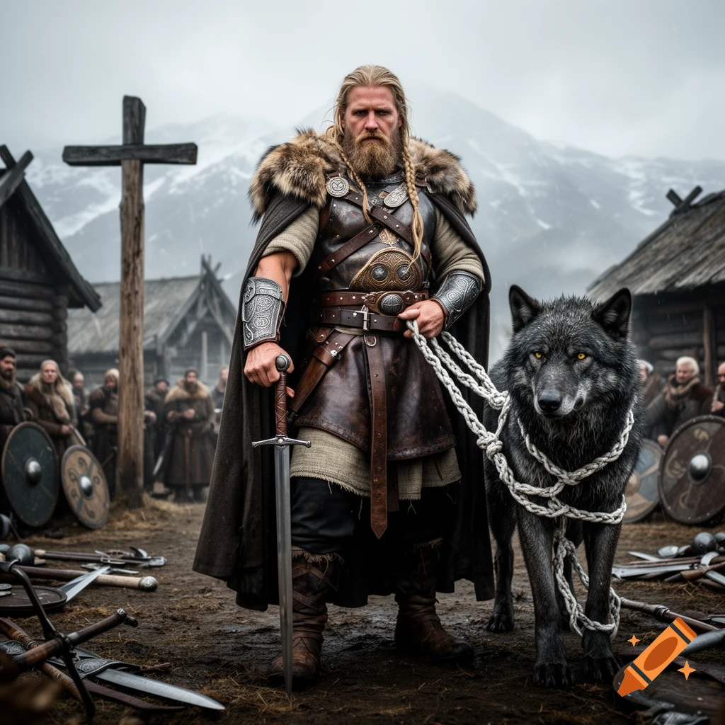 Photorealistic image of Tyr, the Norse god of war and justice, standing outdoors in a village with a chained black wolf.