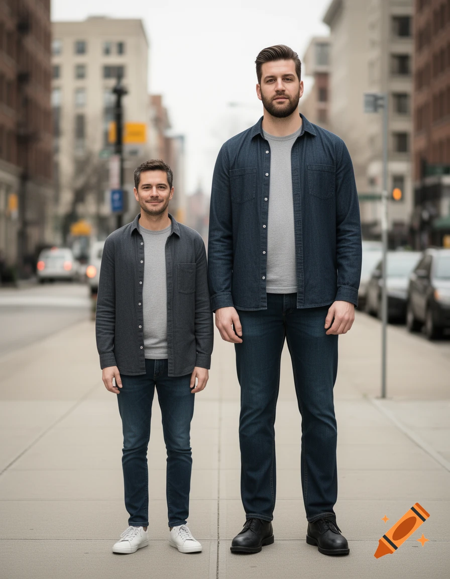 Photorealistic full-body shot of two men of significantly different heights standing side-by-side on a city sidewalk.