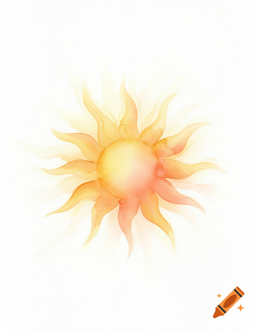Watercolor painting of a bright sun with warm orange and yellow rays on a white background.