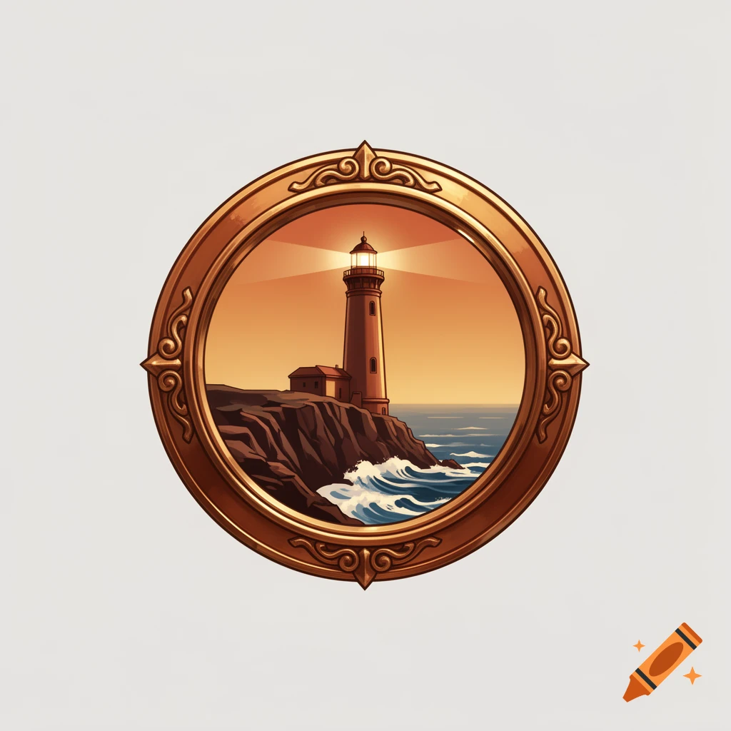 Round gilded emblem featuring a lighthouse on a rocky coast at sunset with crashing waves, digital illustration style.