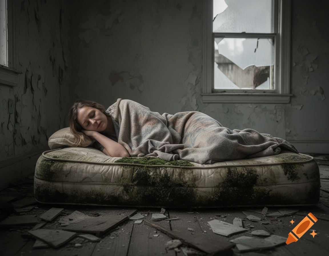 A photorealistic image of a woman sleeping peacefully on an old, damp, moldy mattress in a ruined, abandoned room with a broken window.