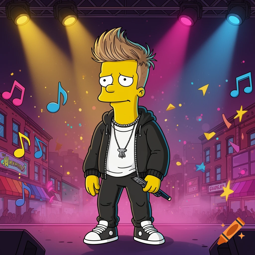 Character styled like The Simpsons resembling Justin Bieber performing on a stage with concert lights and music notes, cartoon style.