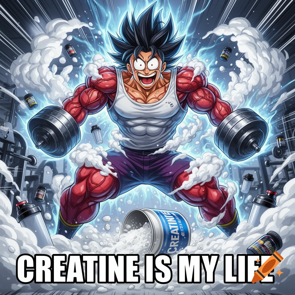 An anime-style muscular character with bugged-out eyes holding dumbbells in a gym surrounded by creatine powder.
