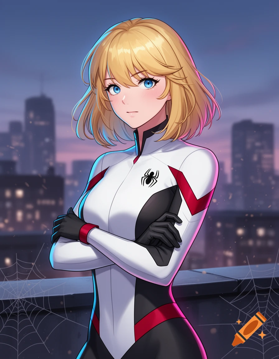 Anime style illustration of Gwen Stacy with blonde hair wearing a white and black spider suit on a rooftop at sunset.