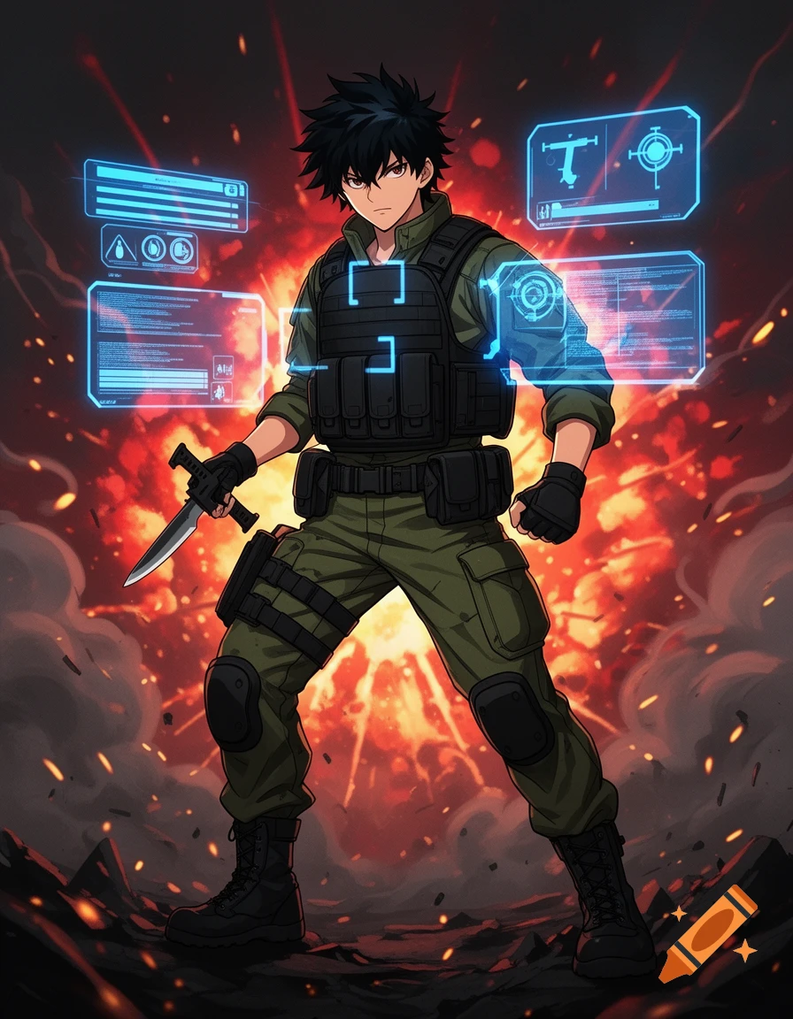 Anime illustration of a young male protagonist in military tactical gear with glowing blue HUD elements against an explosion background.