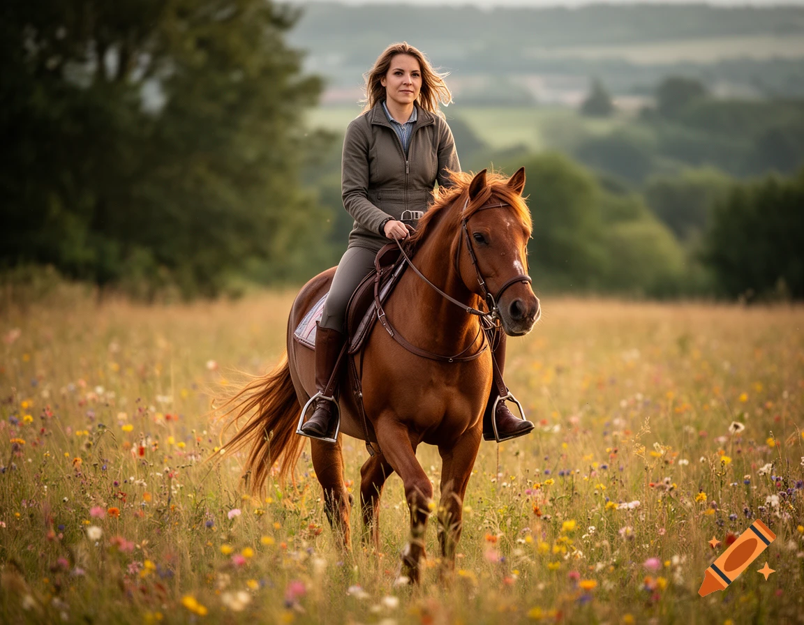 Photorealistic image of a woman riding a brown horse through a vibrant wildflower meadow.