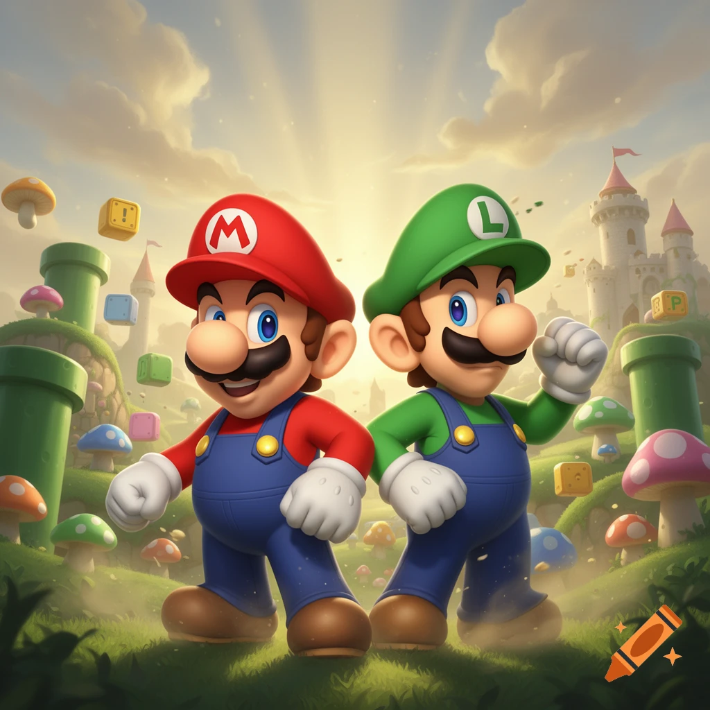 Mario and Luigi standing side by side in a vibrant Mushroom Kingdom setting with green pipes, hills, and a castle in the background, digital art style.