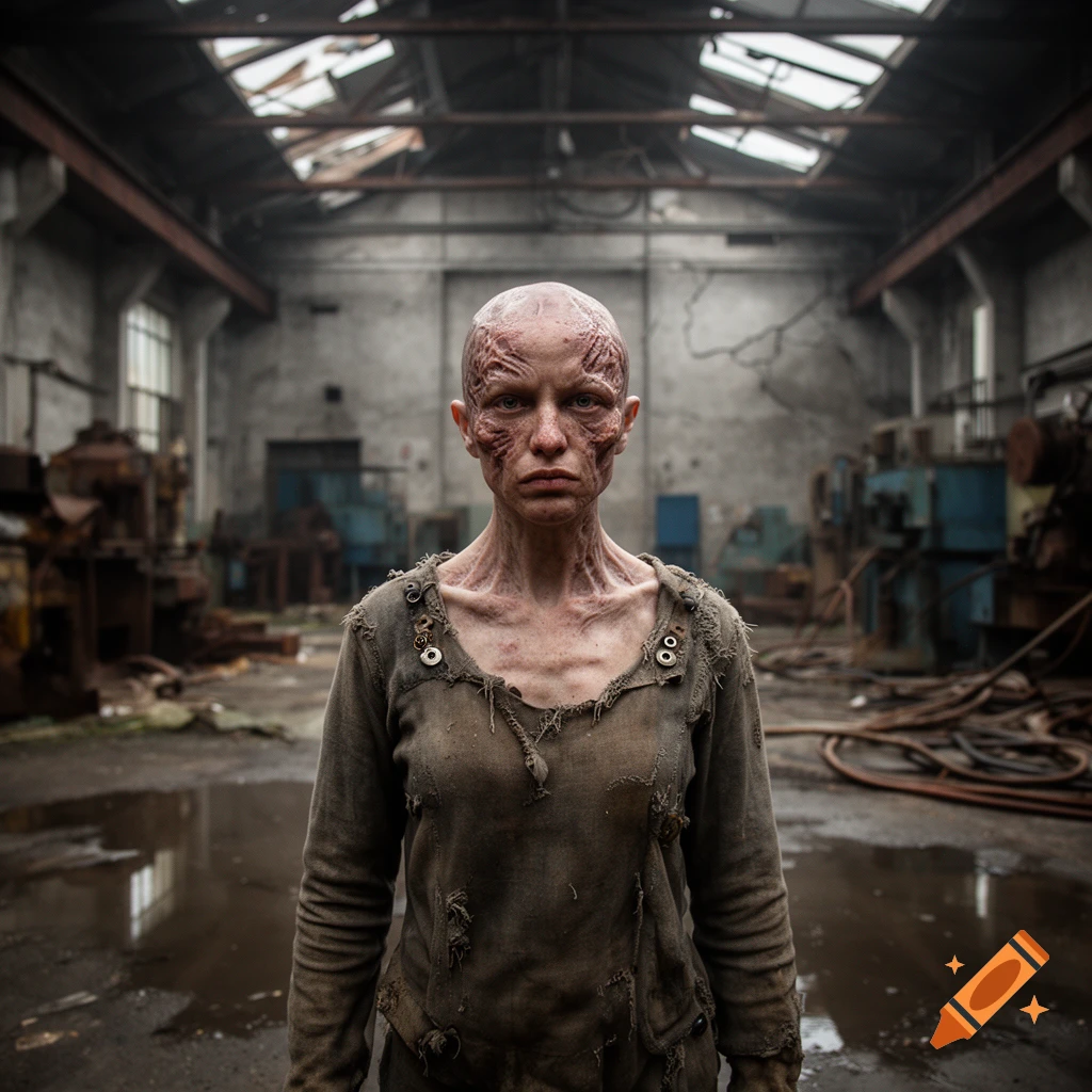 Photorealistic portrait of a mutated human with scarred facial skin and ragged clothing inside an abandoned industrial warehouse.