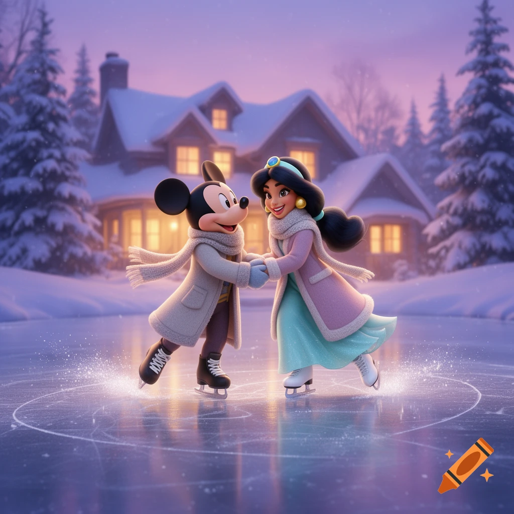 Mickey Mouse and Princess Jasmine ice skating together hand in hand outside a snowy house at dusk, digital art style.