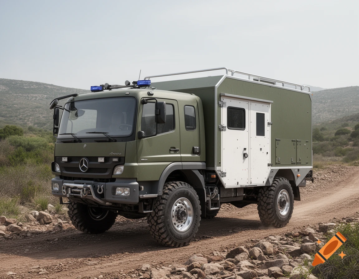 Photorealistic 3D render of a military green and white Mercedes Atego 4x4 expedition truck parked on a dirt road.