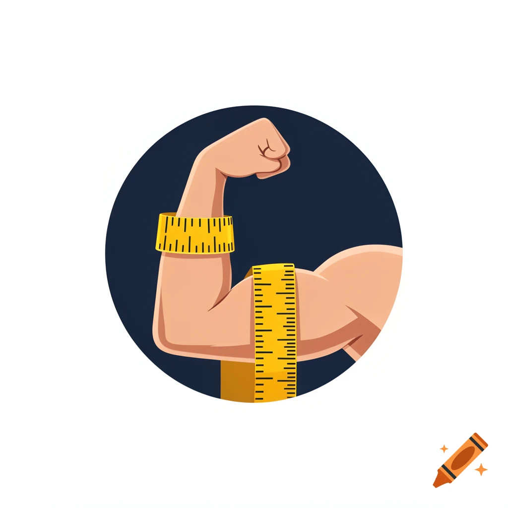 Icon of a flexed arm wrapped with a yellow measuring tape in cartoon style
