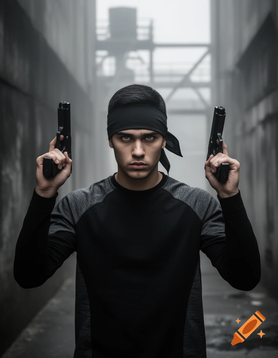 Photorealistic portrait of a young man with dark hair, a black headband, and a grey and black shirt, holding two pistols in a foggy alleyway.