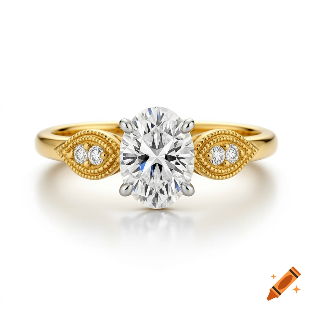 Photorealistic product photo of an oval diamond engagement ring with a yellow gold band and milgrain detailing.
