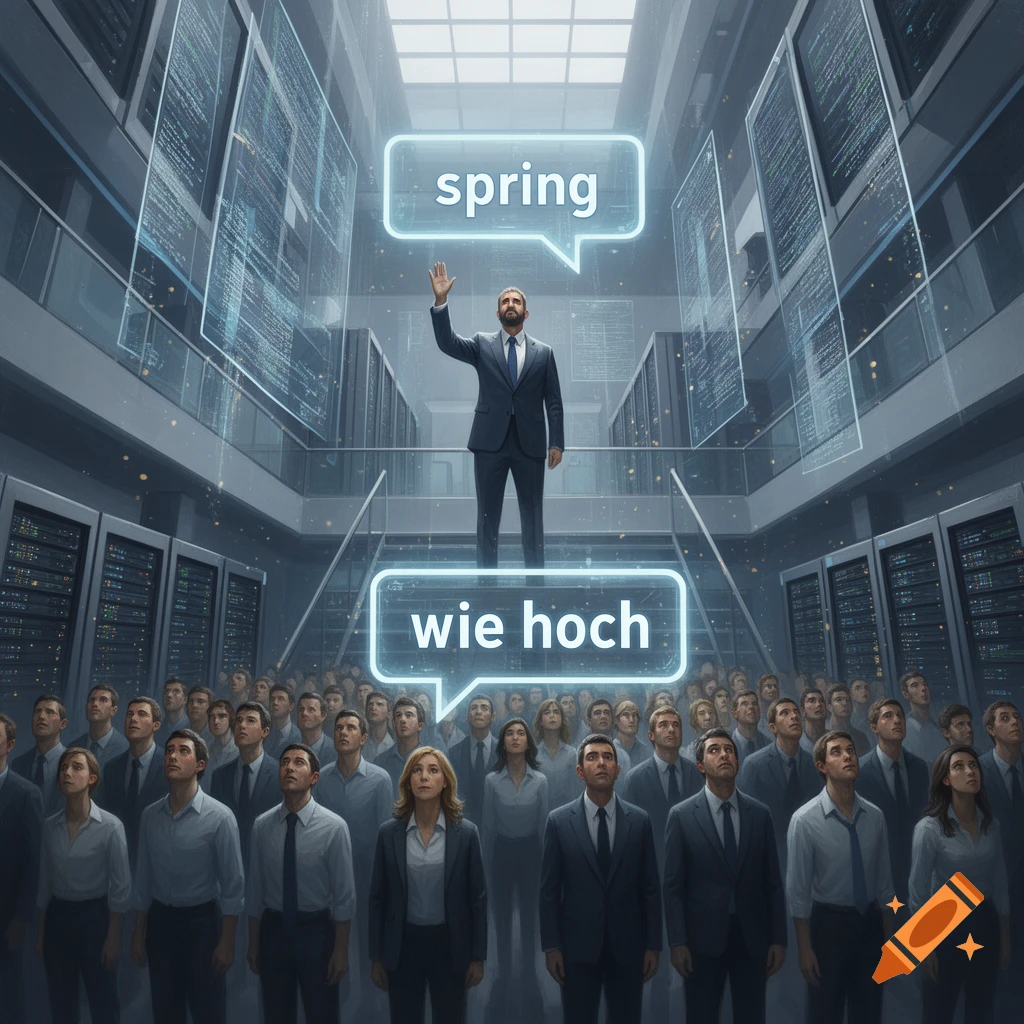 A corporate executive stands elevated above a crowd of employees in a server room, with speech bubbles reading spring and wie hoch.