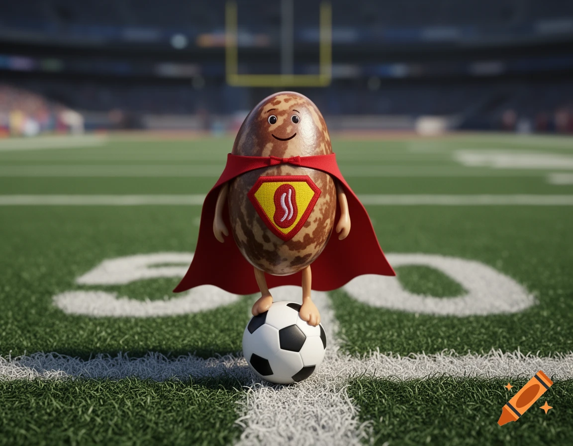 A photorealistic 3D render of a pinto bean wearing a superhero cape and standing on a soccer ball on a football field.